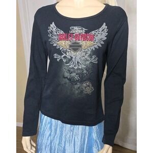 Harley Davidson Shirt Womens Large‎ Black Wings Rhinestone Scoop Neck Eagle
